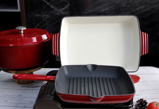 Il bastone smaltato rosso della pentola 10inch della padella del ghisa non frigge nel grasso bollente Pan With Ridge