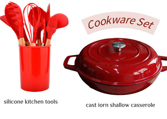Casserotti in ghisa a smalto rosso con set di posate in silicone
