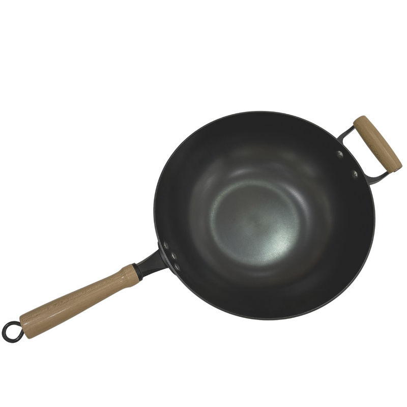 Maniglia di legno a 14 pollici resistente di Pan Chinese Wok Pan With del ghisa e coperchio di vetro